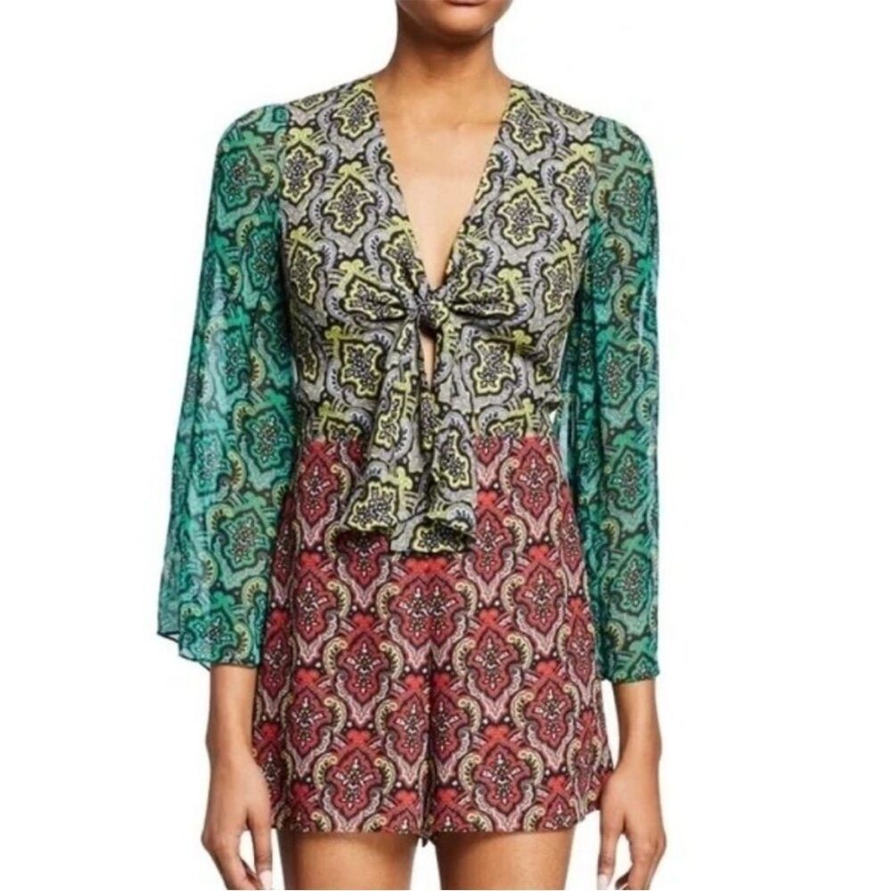 ALICE + OLIVIA $375 Brylee Mixed Print Tie Front Cut Out Romper Size 0